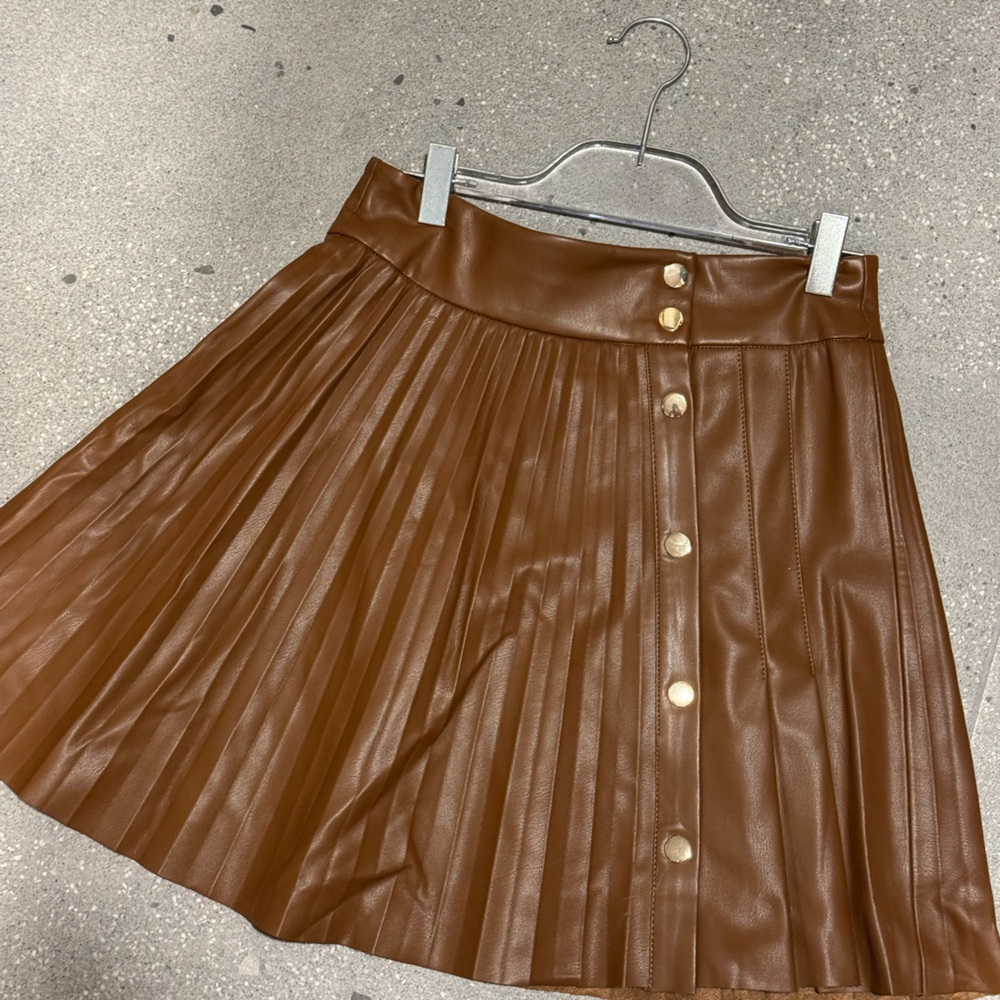 ZARA Faux Leather Brown Pleated Mini Skirt XS